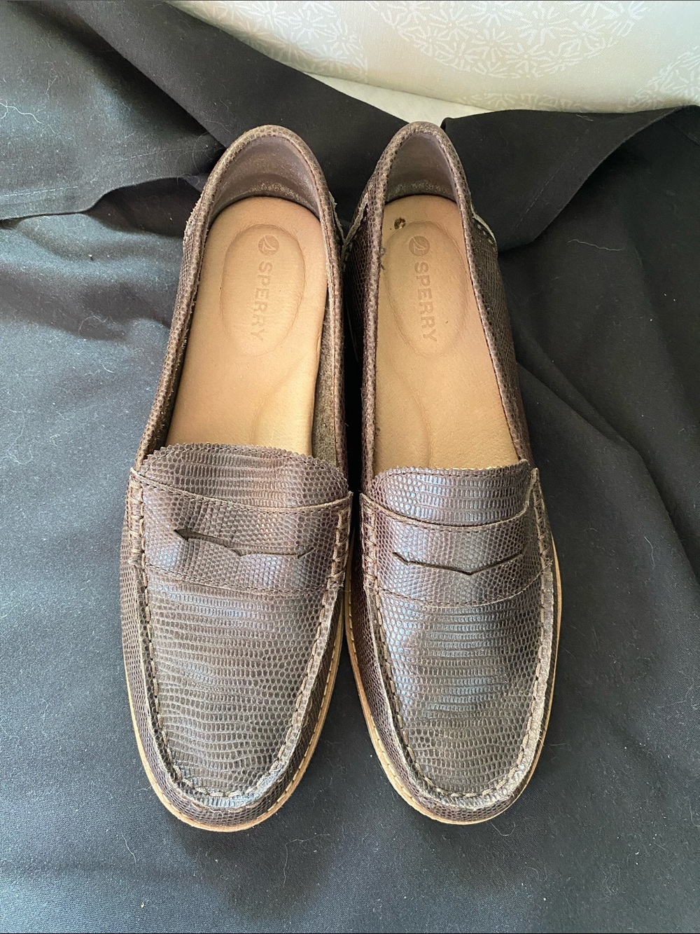 Sperry Womens Dark Brown Lizard-Texture Penny Loafers